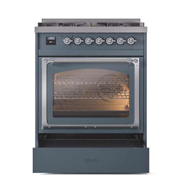ILVE Nostalgie II Noblesse 30 in Dual Fuel Range, Liquid Propane, Blue Gray/Chrome