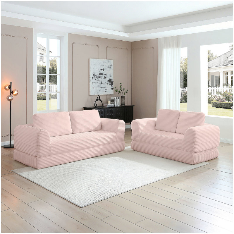 Canapé-lit pliant convertible 2-en-1, canapé-lit en velours côtelé moderne avec 2 * oreillers, ensemble de canapé modulaire rembourré désossé avec lit escamotable Futon, canapé-lit modulaire pliable pour le salon - rose