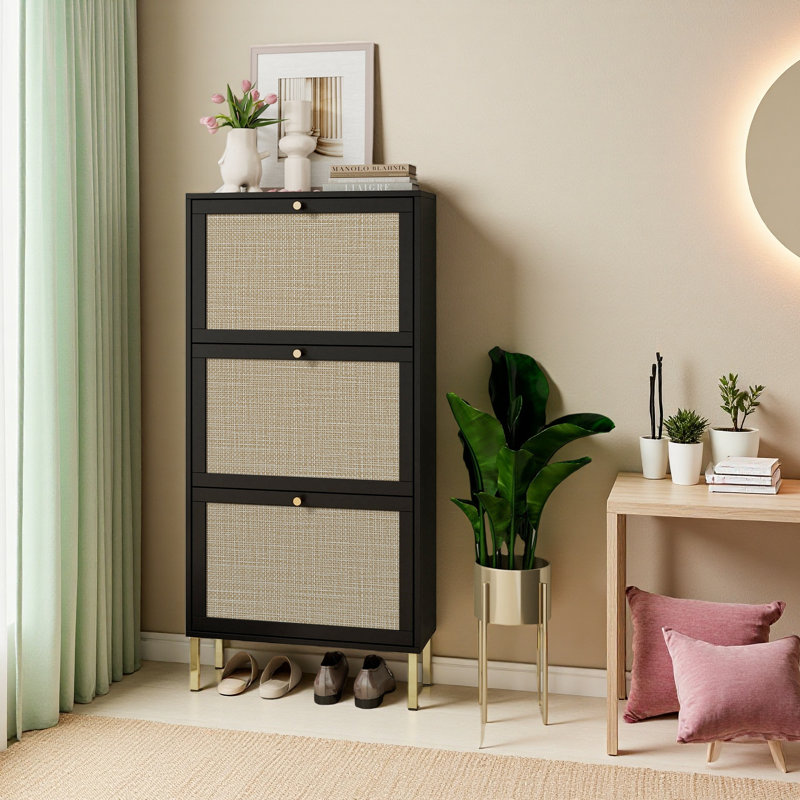 Rattan 3 Door Shoe Rack, Freestanding Modern Shoe Storage Cabinet, For Entryway, Black/Gold