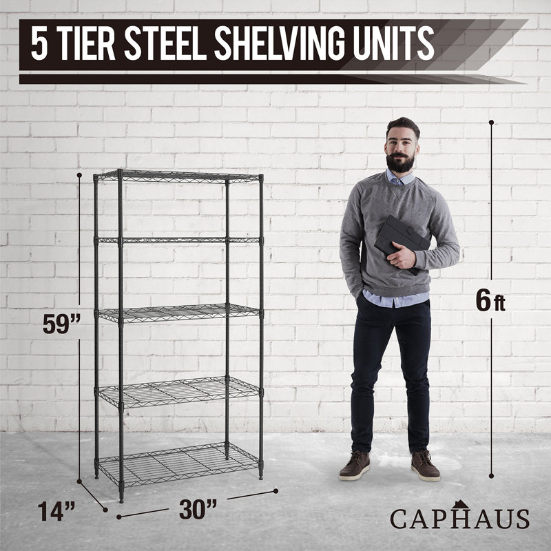 Étagère robuste à hauteur réglable en fil métallique, l 30 po x P 14 po x H 59 po, support de rangement en métal noir à 5 niveaux pour le garage, le sous-sol, le garde-manger et la buanderie