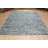 Blue Hand-Knotted Silk Horizon Woven Detail Solid Open Field Modern Contemporary Carpet Rug