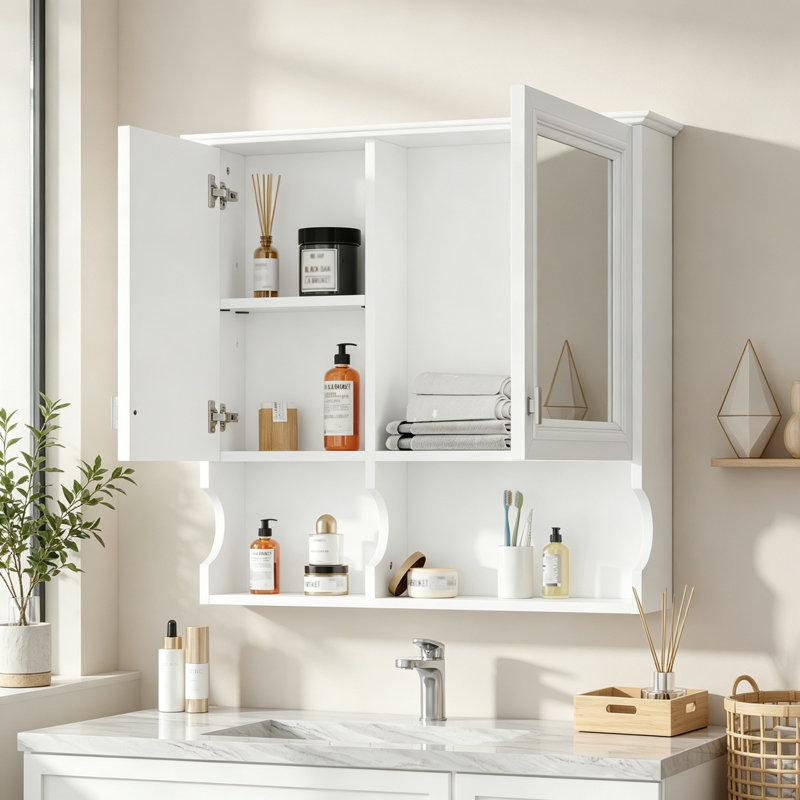 Pharmacie avec tablettes ouvertes, miroir et tablette réglable, White