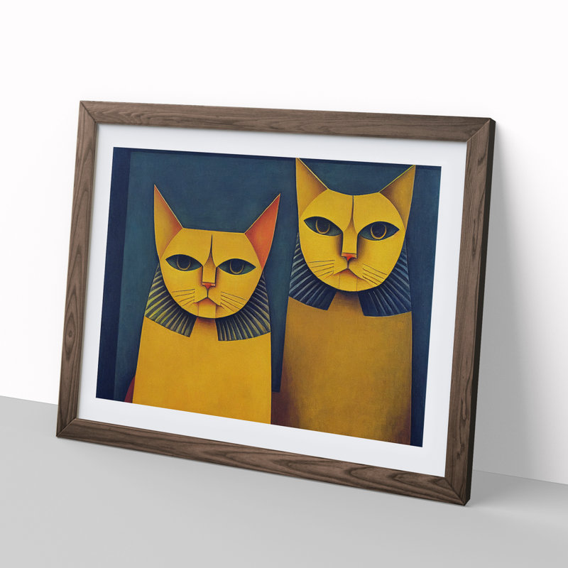 Two Egyptian Cats Abstract - Framed Print, 25cm H x 34cm W x 2cm D, Walnut Framed