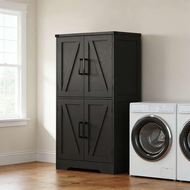 Farmhouse Black Bathroom Storage Cabinet With Doors And Adjustable Shelves, Freestanding