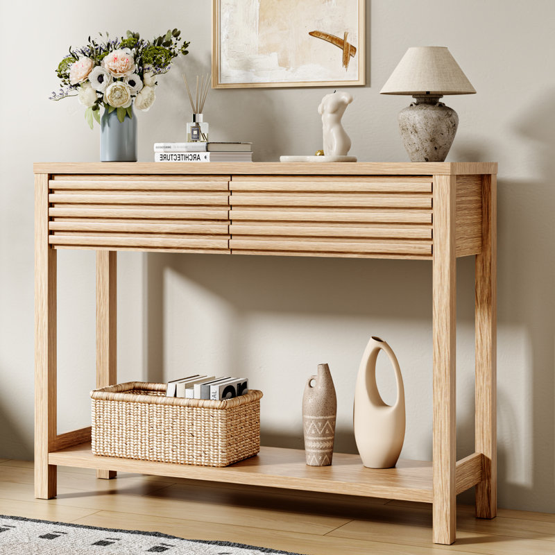 Console cannelée 40 po avec 2 tiroirs, table d'entrée moderne en bois à 2 niveaux avec tablette de rangement, Gris
