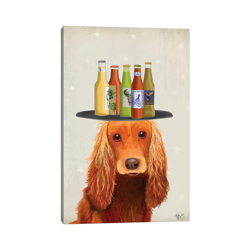 Cocker Spaniel Golden Beer Lover par Fab Funky, reproduction d'art sur toile tendue, H 26 po x l 18 po x 1,5 po