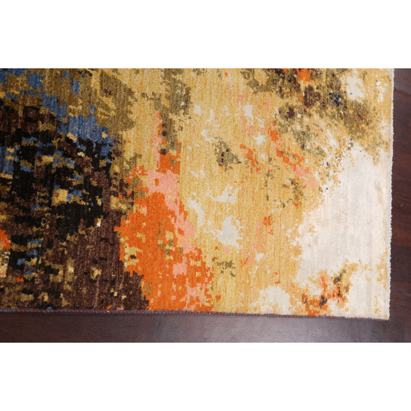 Tapis noir / beige / bleu noué à la main de conception unique 4 pi 1 po x 6 pi 10 po New Age