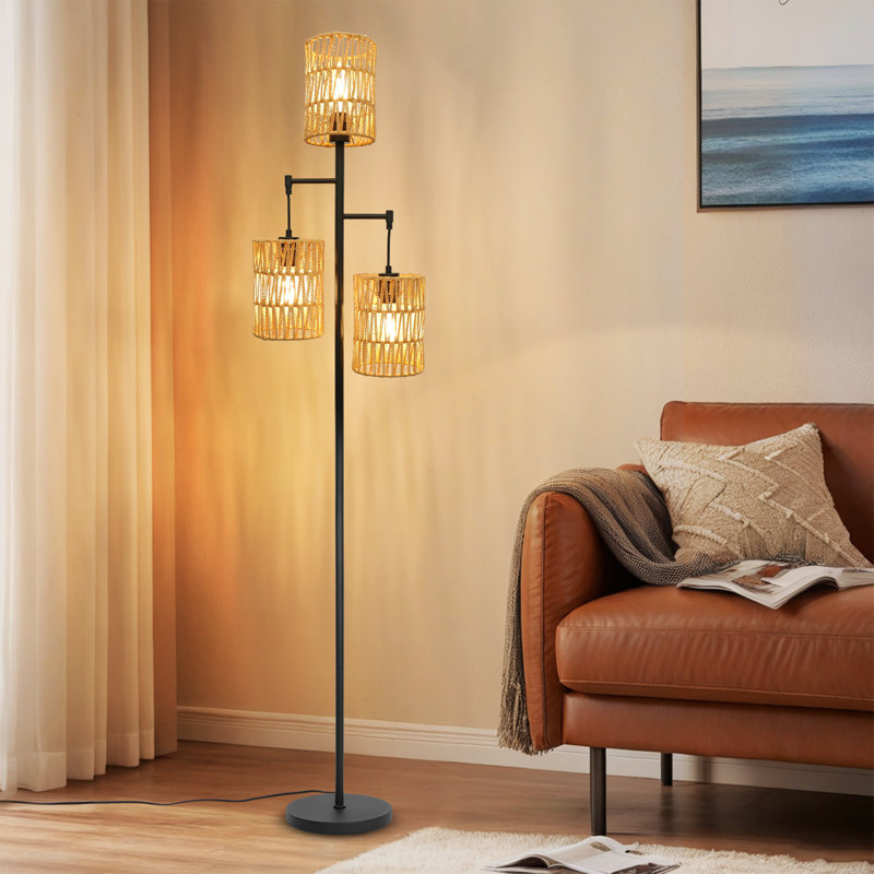 Lampe sur pied bohémienne avec 3 abat-jour en rotin, ampoule à intensité variable RVB et interrupteur au pied