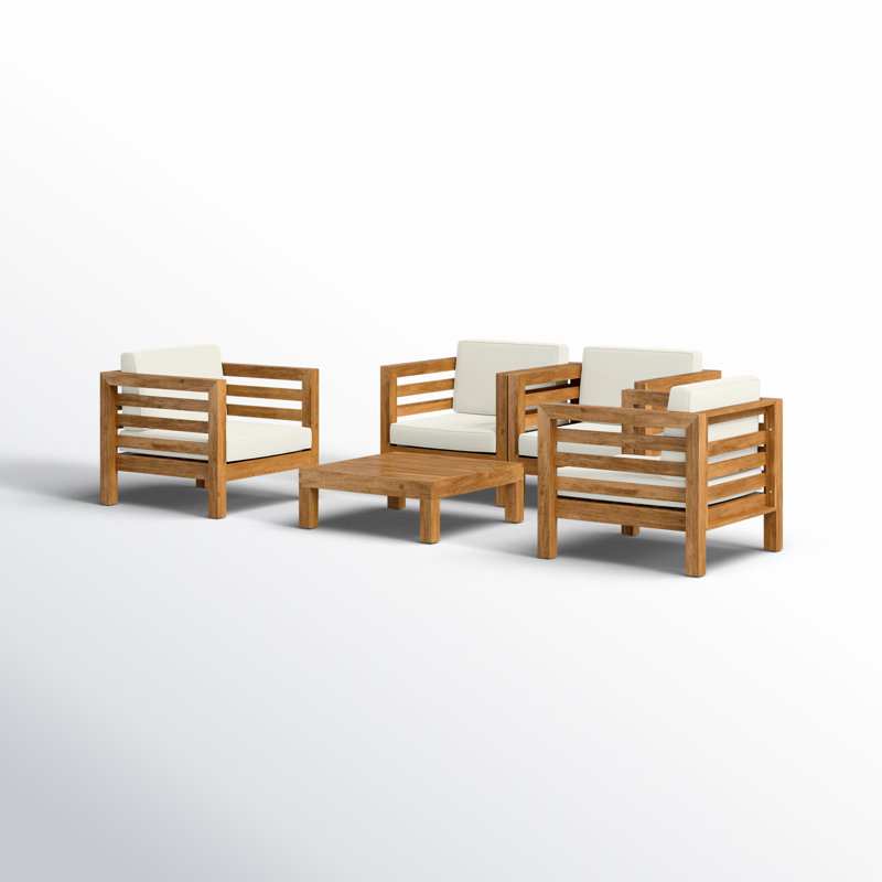 Maher Acacia Wood Patio Conversation Set with Cushions, Teak Frame / Beige Cushion