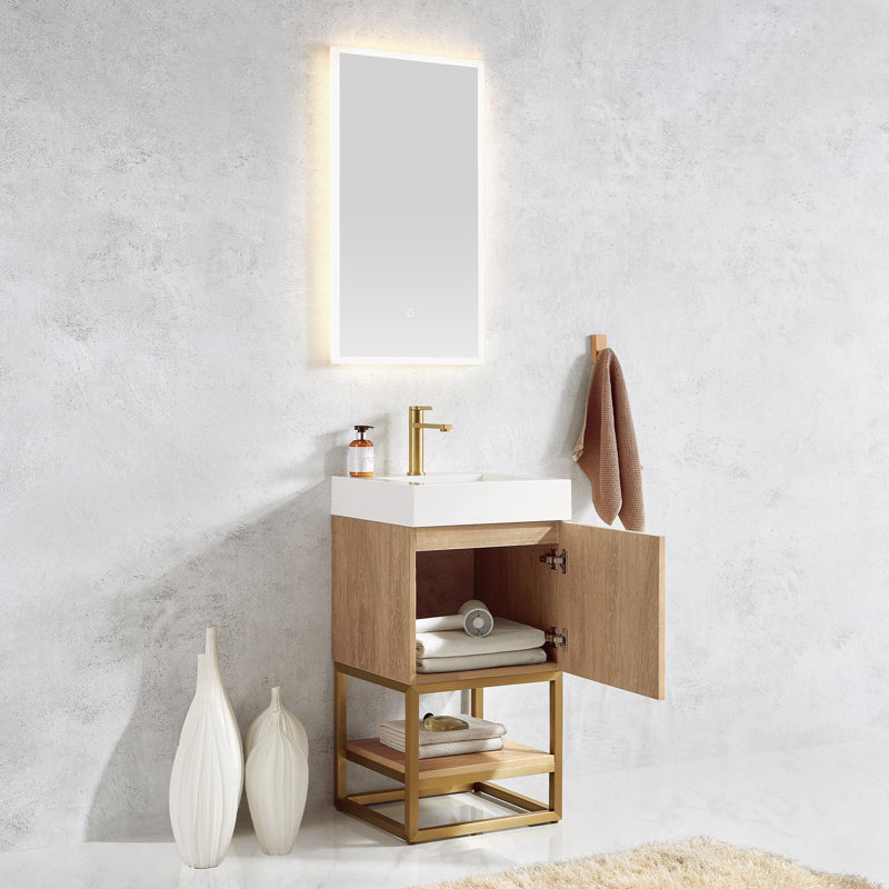 Alistair 17.7'' Single Bathroom Vanity with Engineered Stone Top, Gold, Natural Oak, White