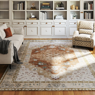 Living Room Rug 6x9 ft Light Brown Area Rug Machine Washable Rug, Non Slip Vintage Rug Stain Resistant Indoor Large Carpet for Bedroom, Boho Rug, Distressed Retro Floor Rug for Classroom, Dorm, Dining Room