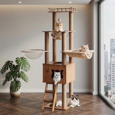 61in Wooden Cat Tree, Cat Condo, Cat Stairs, Scratching Posts, 2 Bowls, Sisal Scratching Posts, Cozy Hammock, Top Perch, for Large Cats