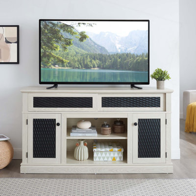 Meuble télé, console télé et média en relief avec espace de rangement ouvert et fermé et porte coulissante pour le salon et la chambre à coucher