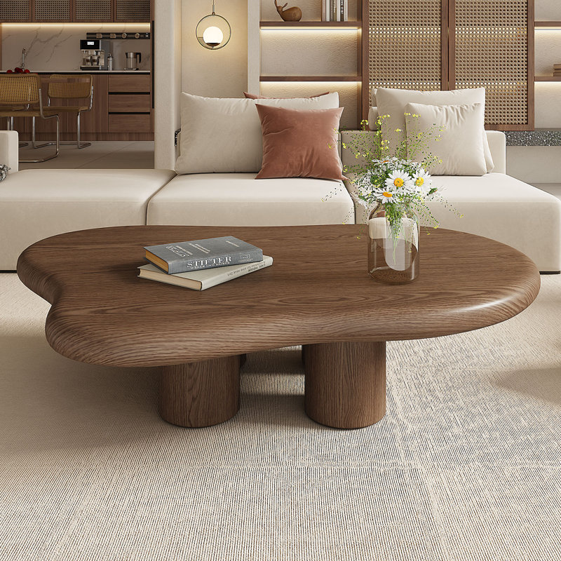 48.5" Rustic Wood Coffee Table, Round Coffee Table with Cloud Shaped Design Cloud Coffee Table Made of Solid Wood & Manufactured Wood and Vintage Walnut Veneer Finish for Living Room