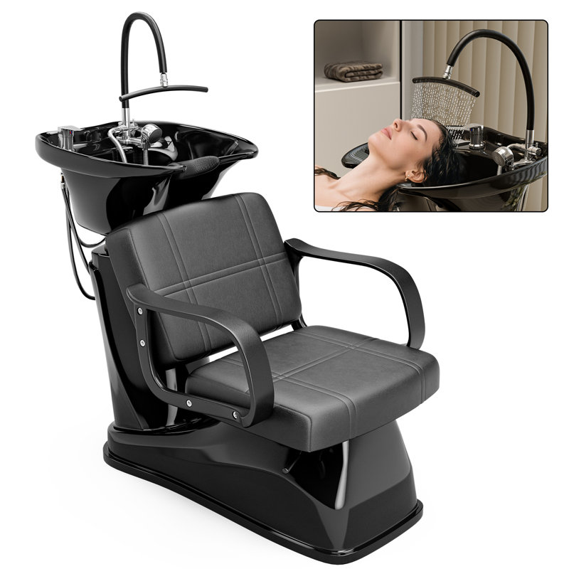 Fauteuil et bac à shampoing réglables pour salon de coiffure - Douchette et jet spa pour la tête, bac à shampoing inclinable, siège réglable en distance