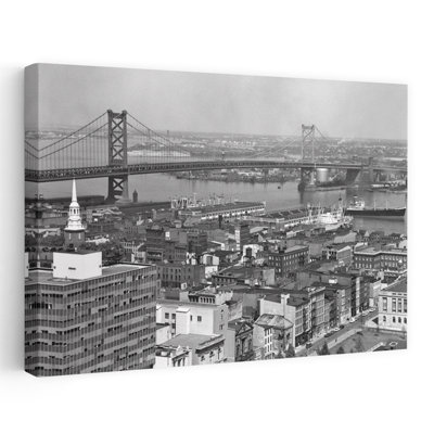 1950S Philadelphia Pa Usa Looking Northeast Past Delaware River Waterfront To Benjamin Franklin Suspension Bridge To Camden Nj Classic Retro Vintag...