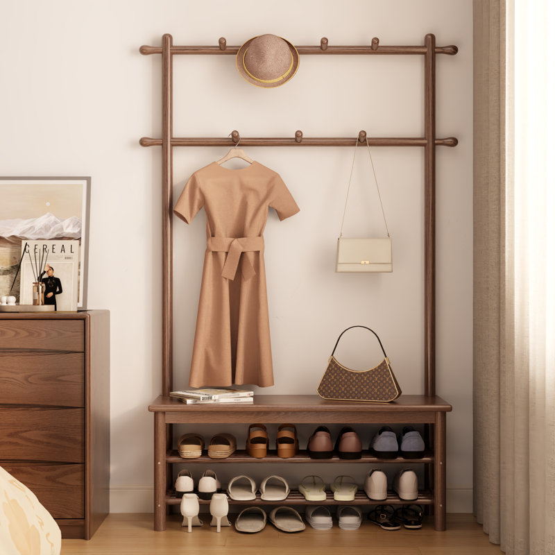 Arbre d'entrée en bois massif avec banc et rangement pour chaussures, rangement pour hall d'entrée avec 11 crochets et étagère à chaussures à deux niveaux pour vestibule ou couloir