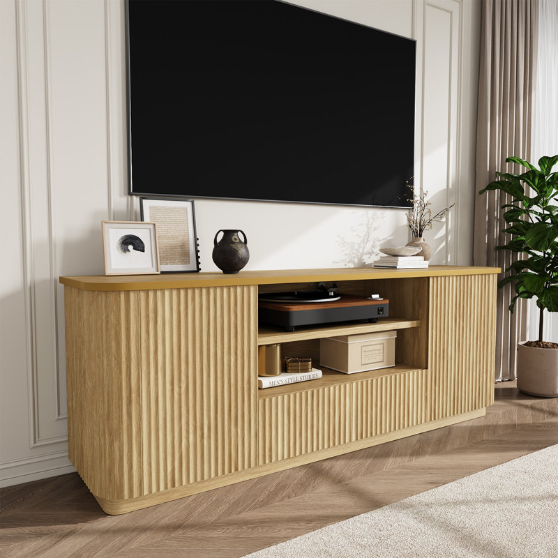 70"Fluted TV Stand for TVs Up to 80", Modern Entertainment Center with 2 Drawers & Cabinets, TV Console with Curved Profile Design