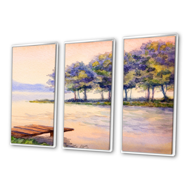 «Colorful Sunset Trees over the Lake», reproduction de photo sur toile 3 pièces, H 20 po x l 36 po x P 1 po, Cadre blanc