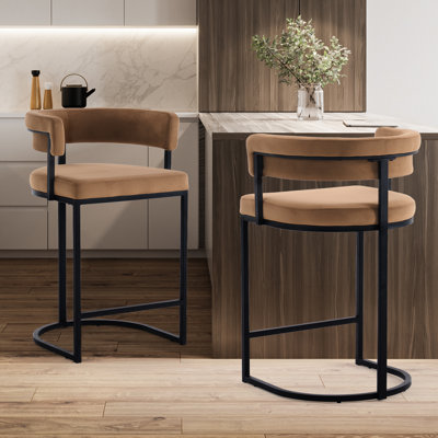 Modern Velvet Bar Stools With Barrel Backrest, Upholstered Seat, And Metal Footrest – 25.6-inch Seat Height, Ideal For Counters, Home Bars, And Kitchen Islands