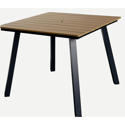 Square Patio Dining Table with Umbrella Hole, Heavy-Duty Iron Frame Wood-Plastic Composite Tabletop, All-Weather Outdoor Indoor Table for Garden, Balcony, Backyard