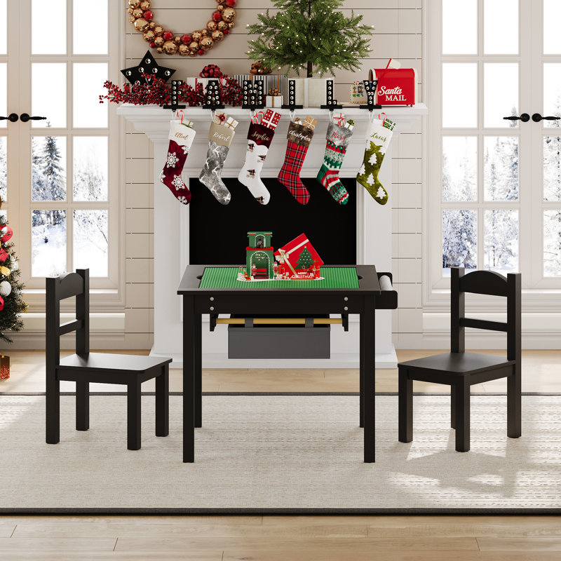 Ensemble de table et chaises en bois pour enfants avec tiroirs de rangement, Noir