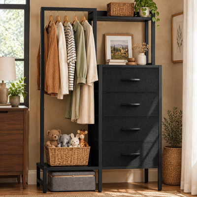 Commode noire de 112 cm de haut avec garde-robe et 4 tiroirs de rangement en tissu ; commode pour petites armoires avec une structure robuste, idéale pour une chambre d'enfant, une chambre d'étudiant ou un salon.