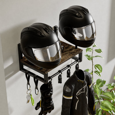 Motorcycle Helmet Holder Wall Mounted, Solid Wood Helmet Rack with 4 Glove Chips and 4 Hooks, Motor Gear Accessories Display Rack Stand, Universal Helmets Storage Organizer Shelf