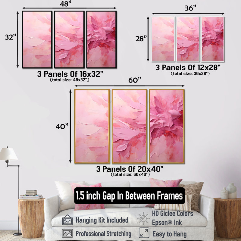 Lugenia - Fuschia, ensemble d'art mural, H 40 po x l 60 po x P 1 po, Cadre argenté flottant