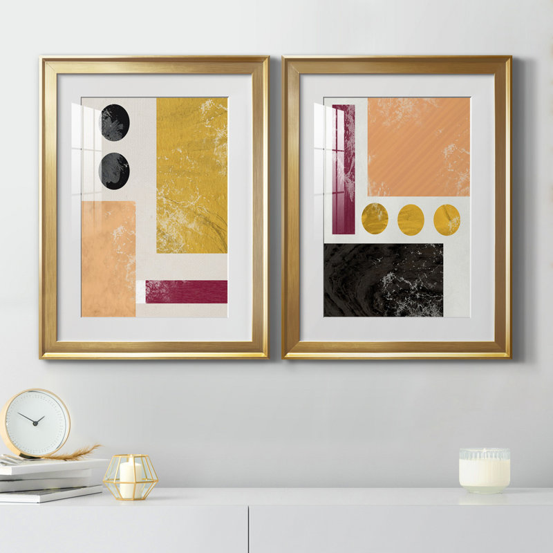 Essie Abstract I - Ensemble de 2 reproductions d'art, Blanc, Papier encadré doré, H 22,5 po x l 61 po x P 1,5 po