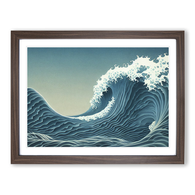 Idyllic Japanese Wave - Single Picture Frame Painting, 46cm H x 64cm W x 2cm D, Walnut