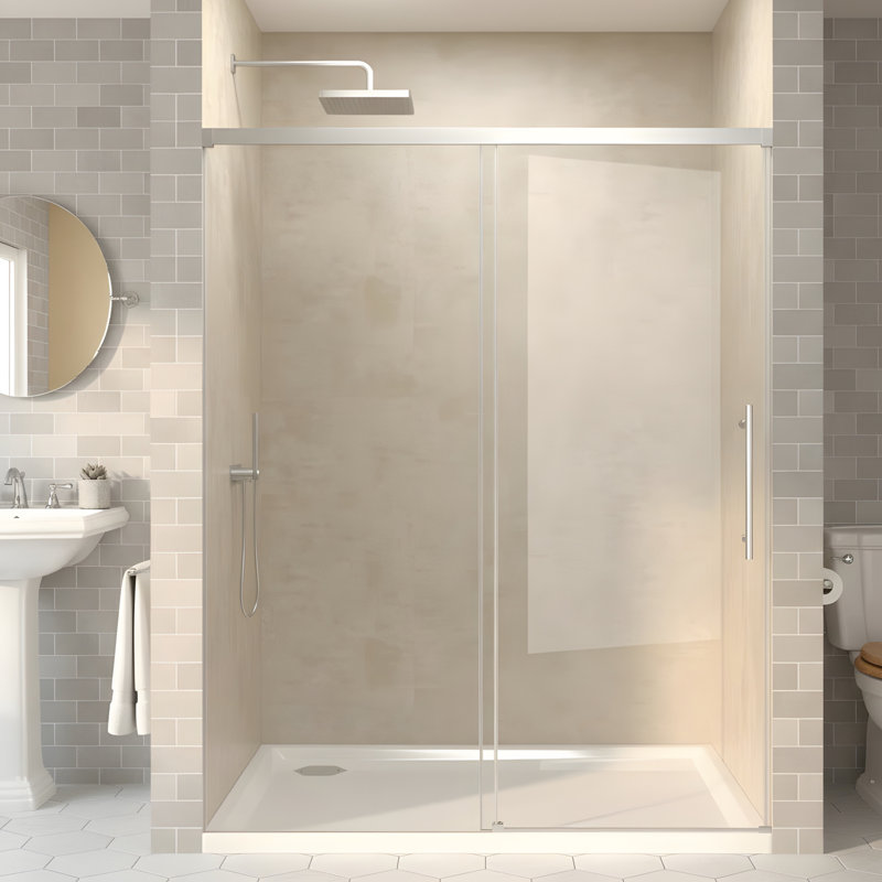 48" Width x 72"Height Single Sliding Shower Door,5mm fixed glass and 6mm sliding glass Frameless , Clear Tempered Glass, Stainless Steel handle,Chrome
