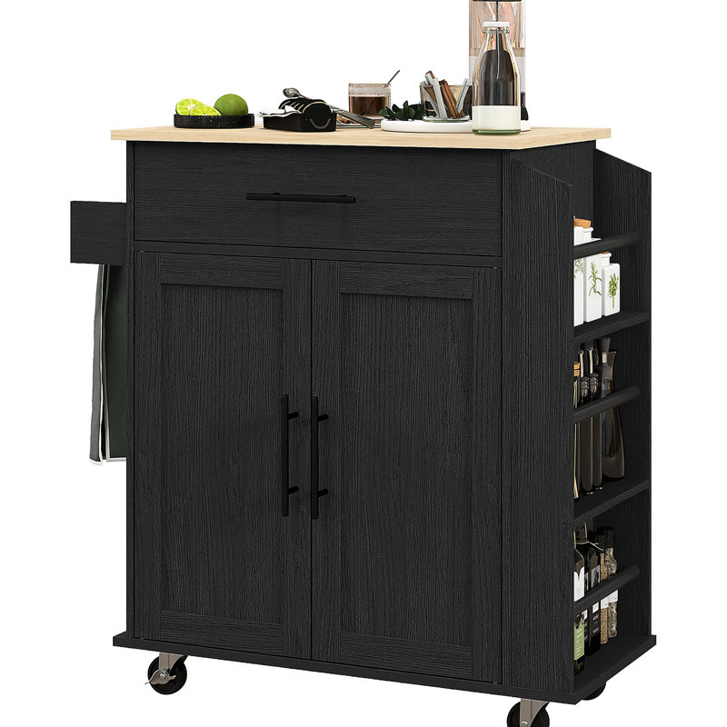 Black Kitchen Island Cart With Ac Outlets And Ports Storage, Microwave Stand, Towel Rack & Spice Rolling , Rack,