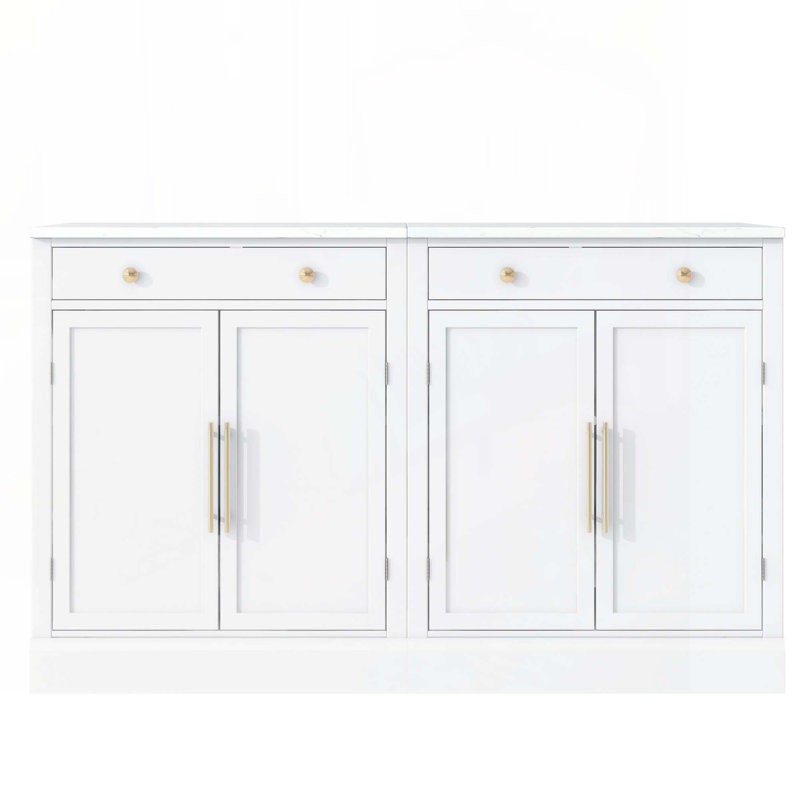 Armoire à café avec tiroir, 2 tablettes réglables et 2 tablettes de porte pour la salle à manger et la cuisine, Blanc, Doré