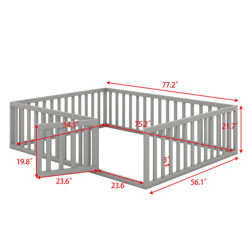 Structure de lit en bois avec clôture et porte, Gris, Lit double