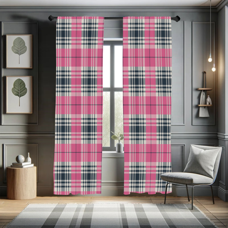  Checkered Curtains, Plaid Tartan English Tile, Pink Eggshell, 56" W x 63" L