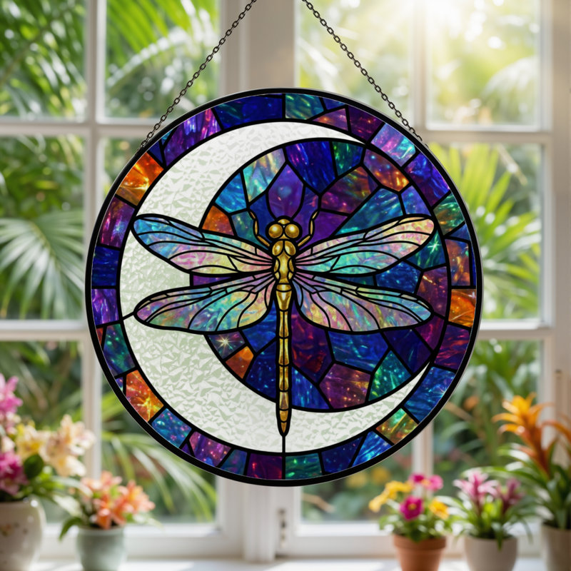 12"H Dragonfly Stained Stained Glass Window Panel, 12" H x 12" W