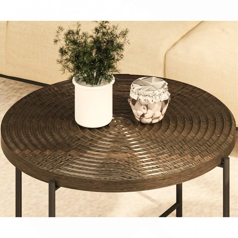 End Table 2-Piece Coffee And Set – Waterproof Mdf With Pvc Cover Distressed Cylindrical Design Black Metal Legs – Classic Rustic Charm Dark Walnut.