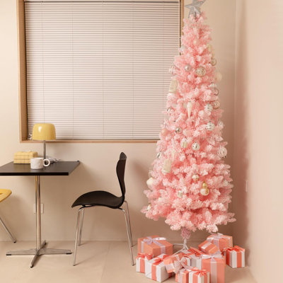 Arbre de Noël rose pré-éclairé, arbre de Noël plein enneigé avec 1000 branches, 350 lumières et support pliable pour la décoration intérieure et extérieure
