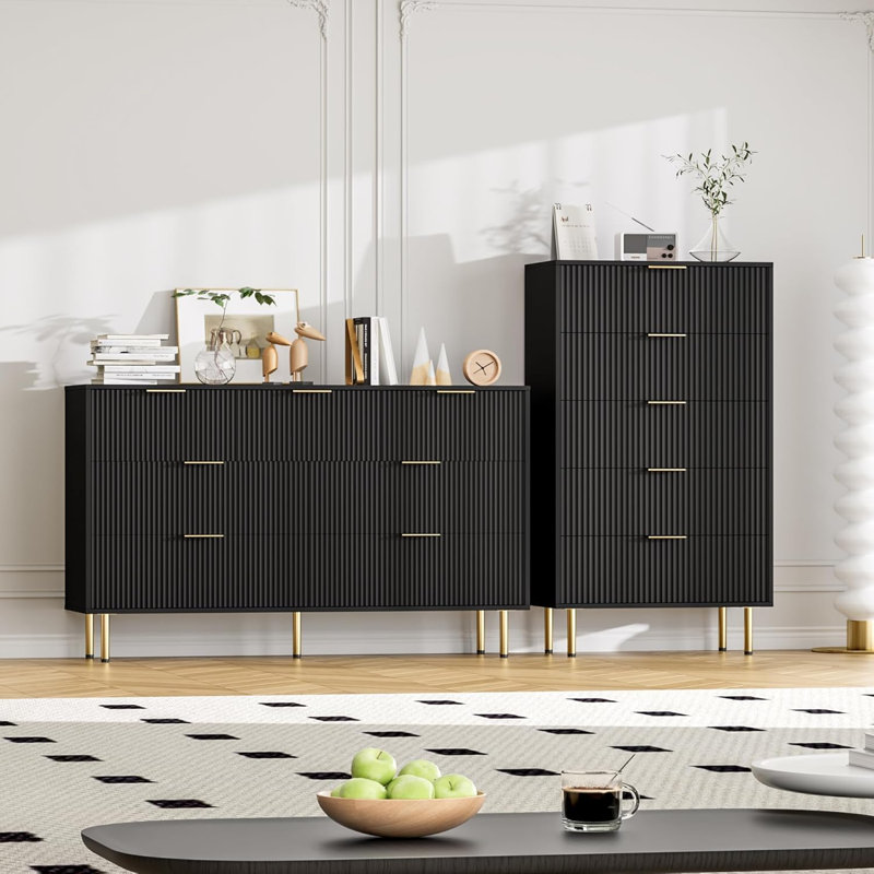 27" Wide Fluted 5-Drawer Dresser, Modern Wooden Chest for Hallway, Black