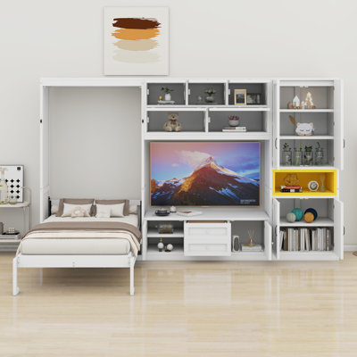 Lit escamotable en bois avec meuble télé, tiroirs, tablettes et armoires