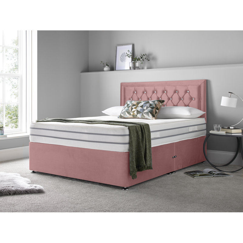 Muskingum Upholstered Bed with Mattress, Double (4'6), 2 Foot-end Drawers, Pink