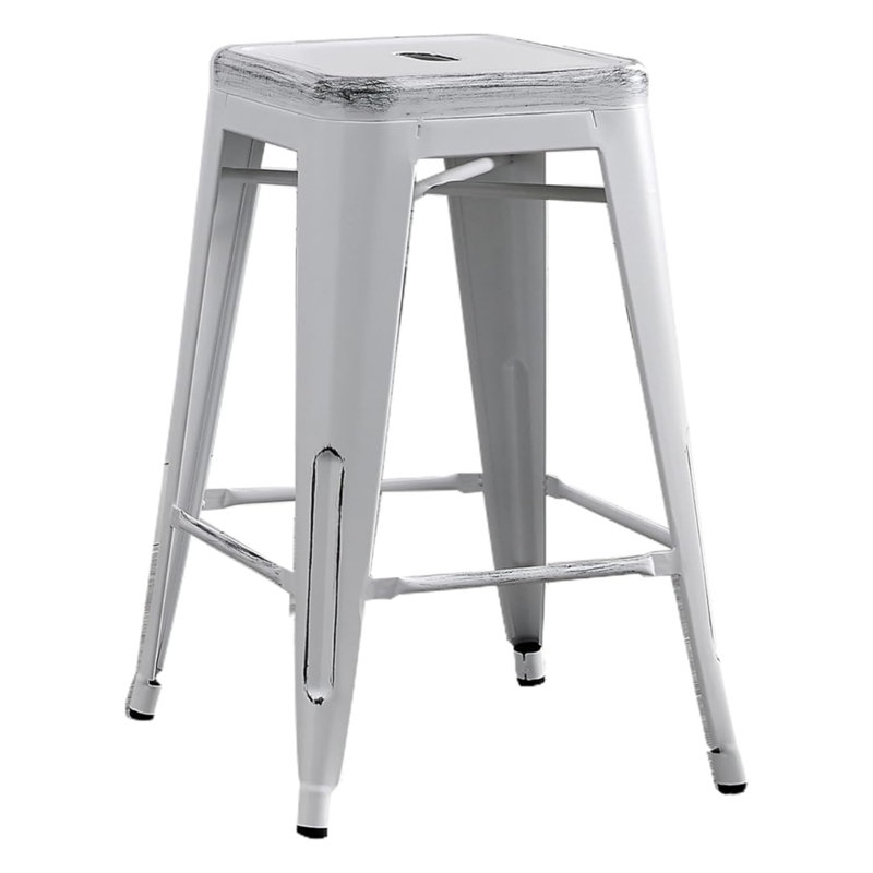 Industrial Metal Backless Counter Stool in Antique White (Set of 2)