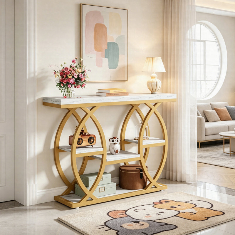 39" Console Table With Storage Shelves, 4-Tier Narrow Sofa Table, Industrial Entryway Table For Small Spaces, Gold, White