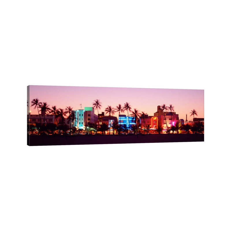 Night, Ocean Drive, Miami Beach, Florida, USA 1 Piece Wrapped Canvas Panoramic Wall Art, 30.48 cm H x 91.44 cm W x 1.91 cm D