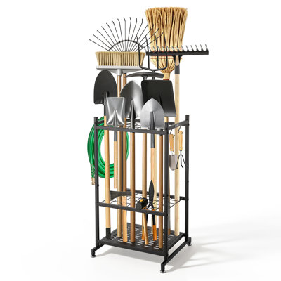 Rangement pour outils de jardin, 35 fentes avec crochets, support de rangement de garage en métal, pour râteaux / pelles / balais, porte-outils de jardin pour l'organisation de la remise / extérieur / pelouse, acier robuste, autoportant, noir
