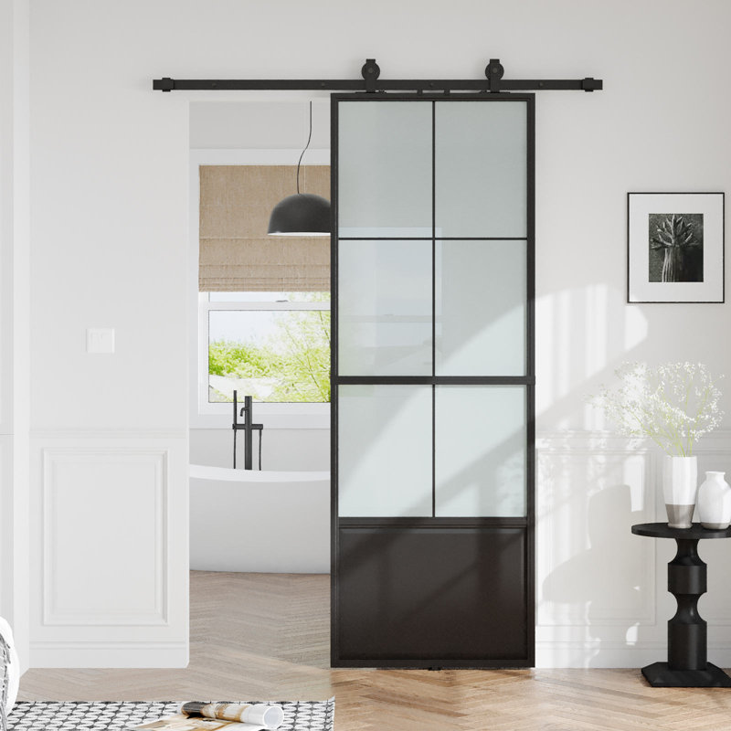 Metal and Glass Sliding Barn Door with Soft Close and Installation Hardware Kit, 30" W x 90" H