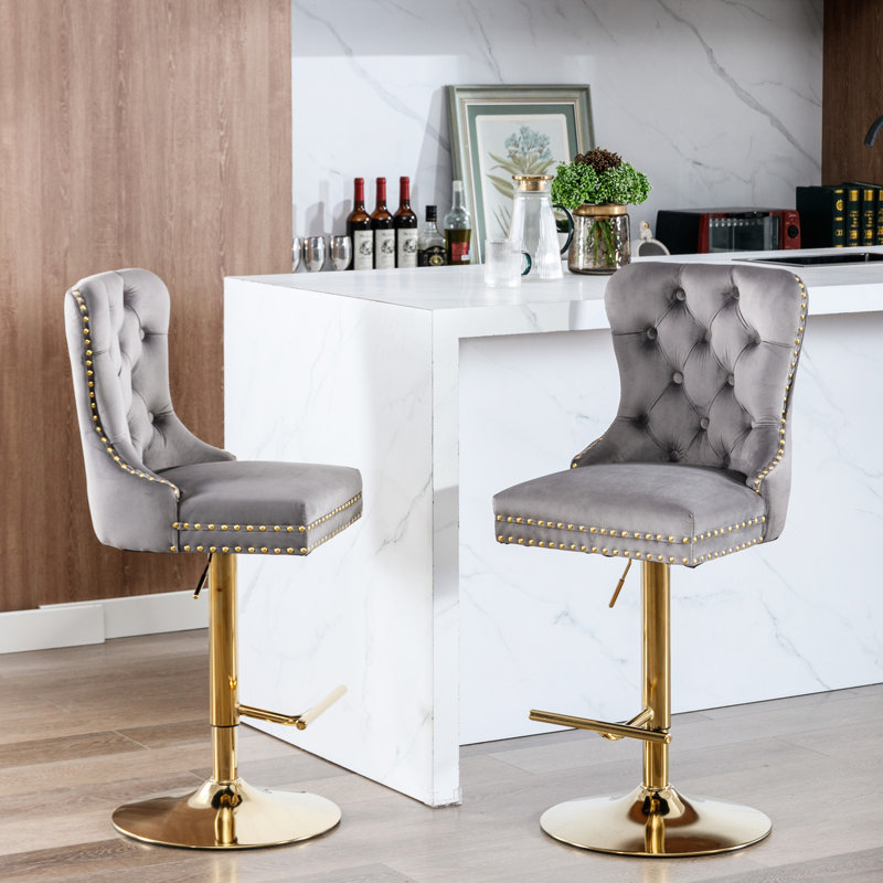 25 - 33 pouces de hauteur réglable, revêtement en velours, moderne avec, confortable pour îlot de cuisine de pub, gris de 2 tabourets de bar épais, pouces, cuisine rembourrée, 2 unités chacun