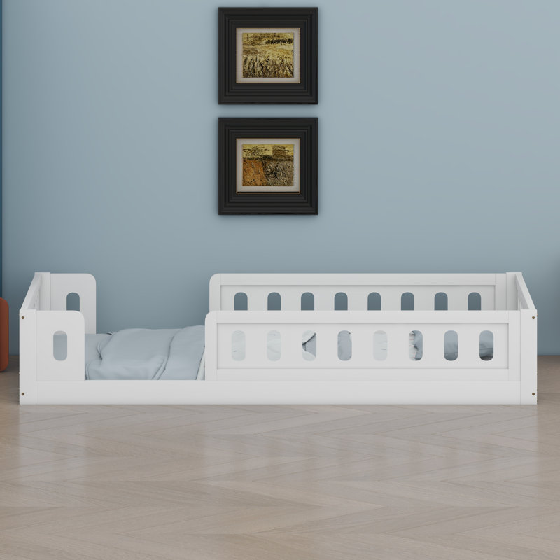 Wooden Platform Bed Frame with Safety Guardrail, White