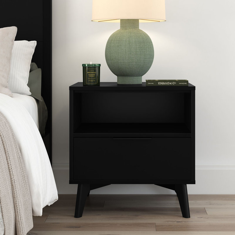 Haven 1 Drawer & Cubby Nightstand with Handle, Black